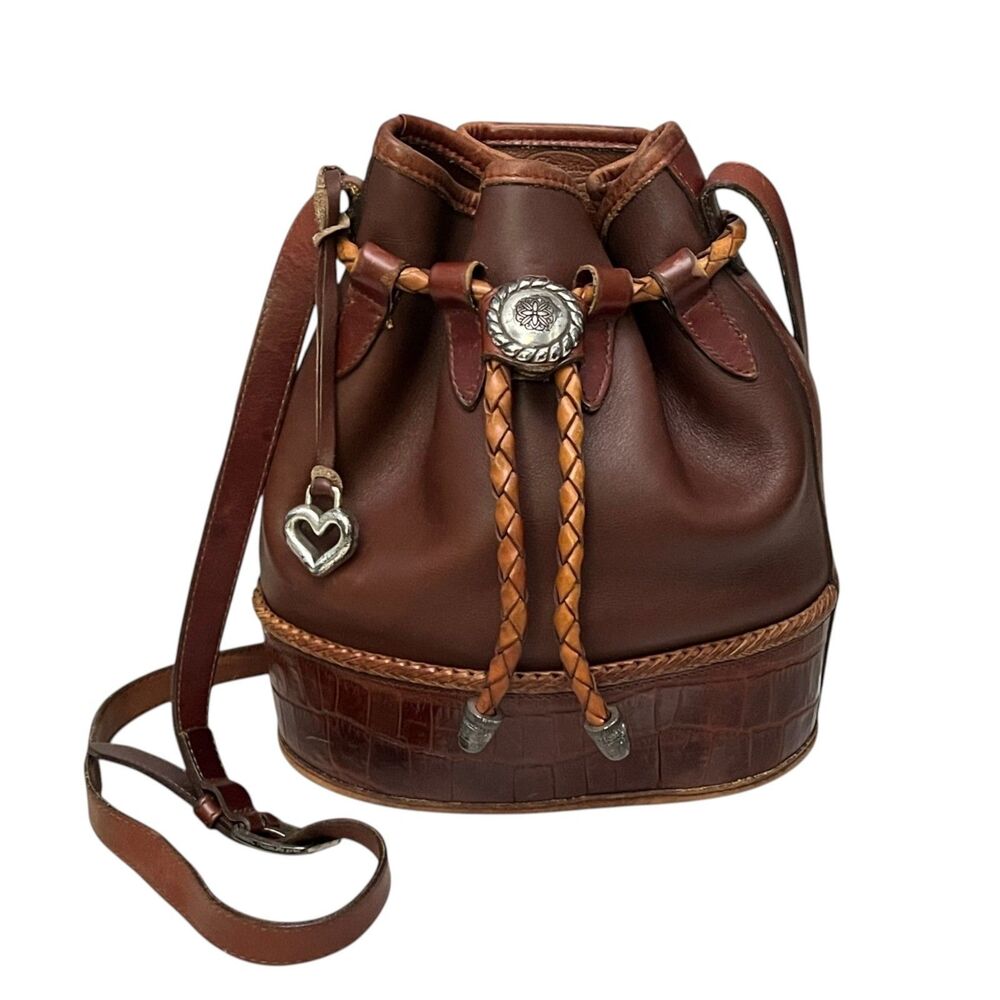 Brighton Vintage Brown Leather Bucket Bag Drawstring Crossbody Croc Trim Concho - Picture 11 of 11